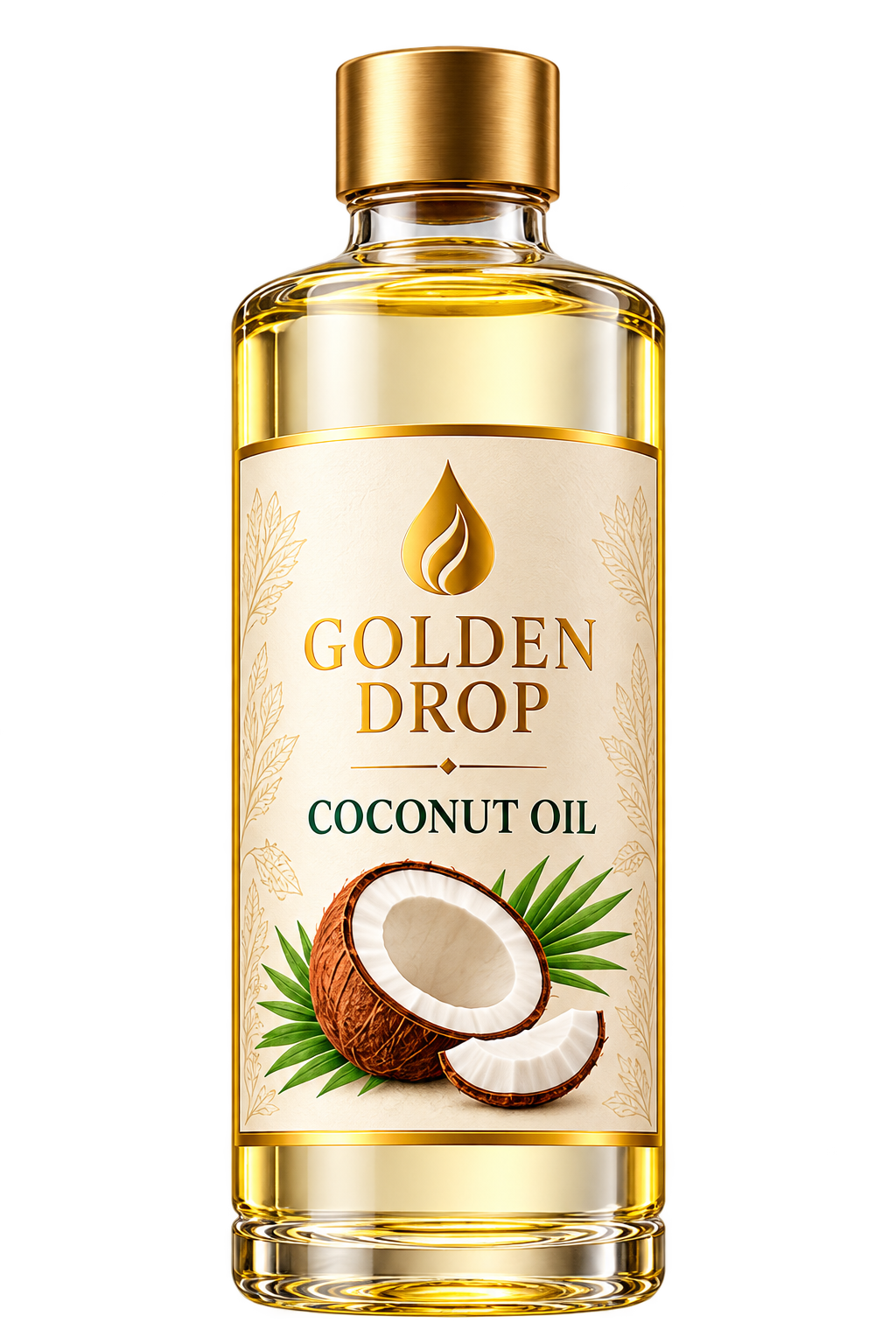 Golden Drop coconut oil in a cream-labelled Tall Round bottle