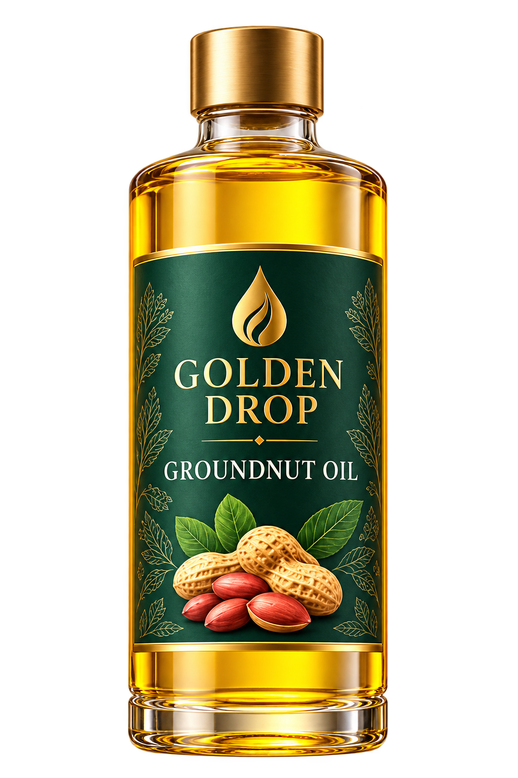 Golden Drop groundnut oil in a green-labelled Tall Round bottle