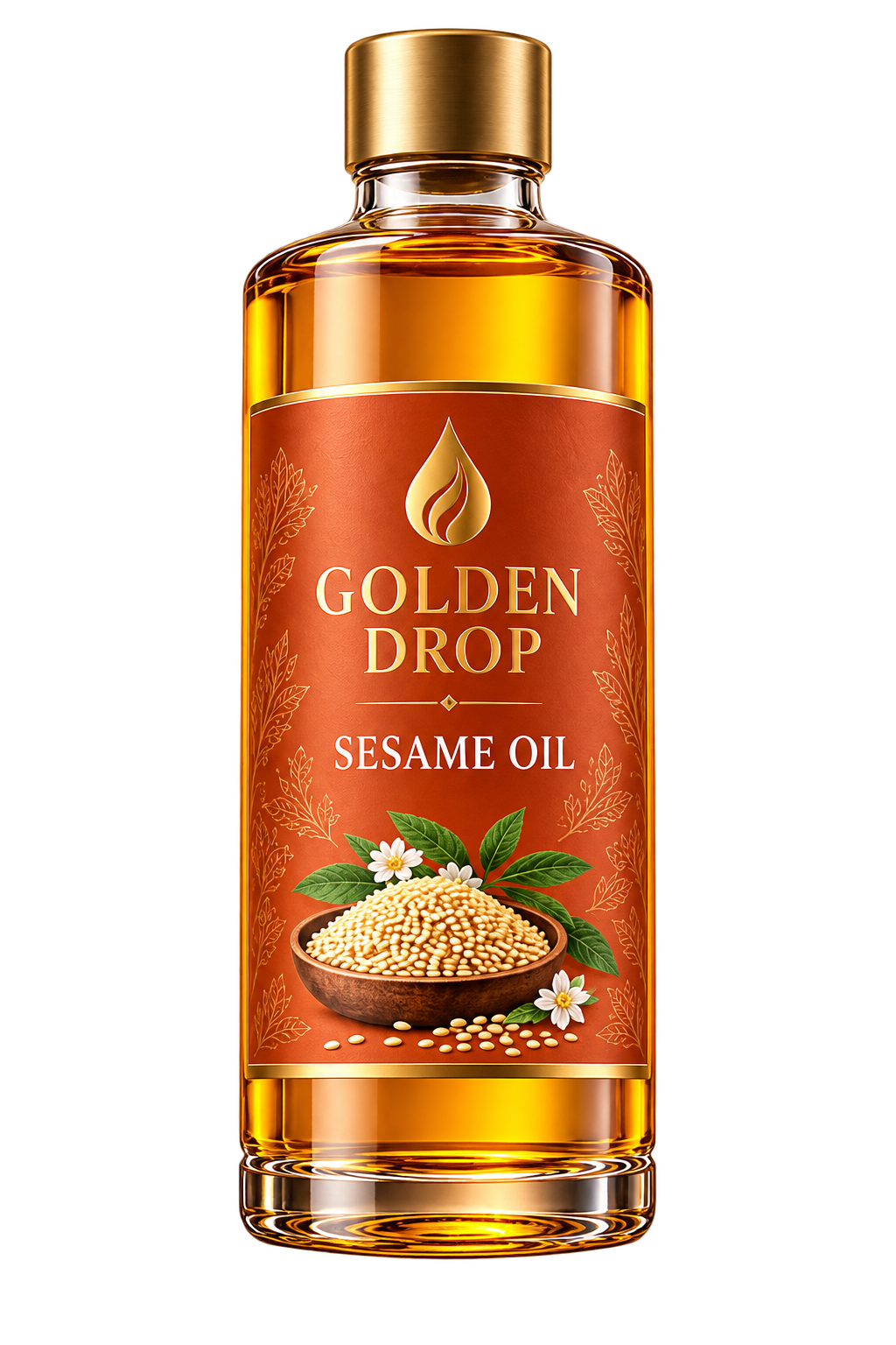 Golden Drop sesame oil in a copper-labelled Tall Round bottle